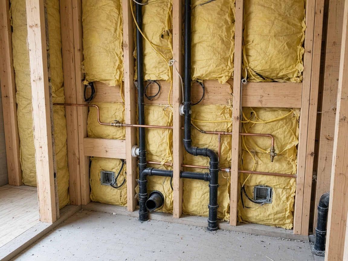 Rough plumbing and electrical in an open stud wall