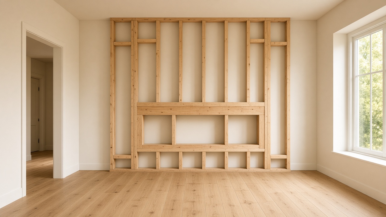Concept visualization of residential rough framing with wood studs, plates, and a door opening