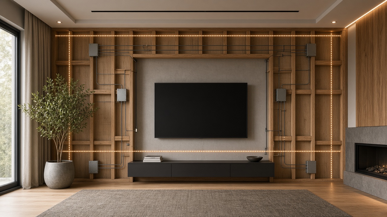 Concept visualization of framing, electrical boxes, and lighting positions behind the wall