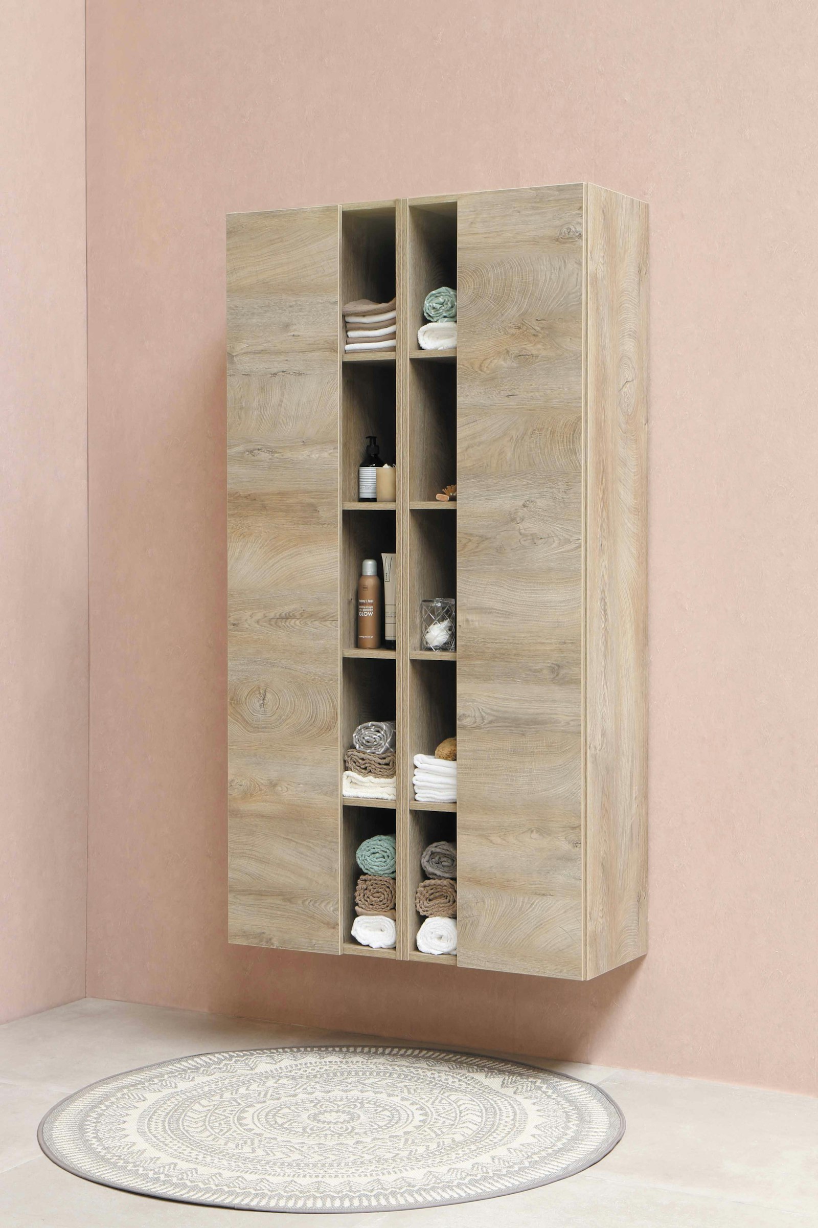 Wall-hung oak storage with open cubbies